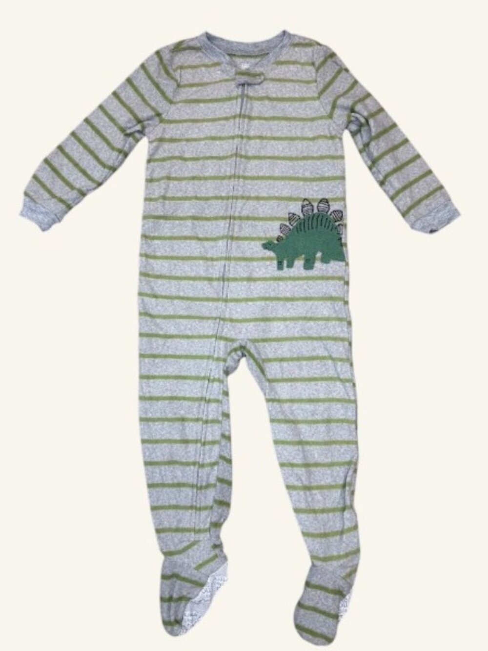 Dinosaur Footed Fleece Sleeper Gray Green Striped Pajamas 3T